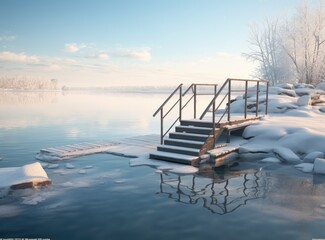 Wooden stairs by a lake in winter, an ideal place for cold therapy.