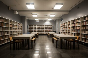 Interior of a public facility with shelves, books, tables, and chairs for reading and studying. Generative AI