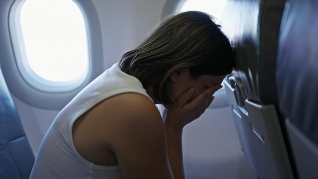 Young beautiful hispanic woman afraid of flying in the plane