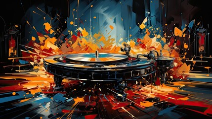 Captivating illustration of a turntable amidst a vibrant explosion of abstract colors and forms.
 - obrazy, fototapety, plakaty