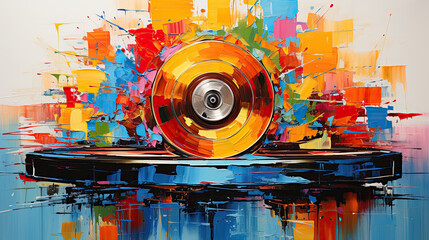 Fototapeta premium Contemporary art fusion of bright palettes with a central vinyl, illustrating dynamic beats. 