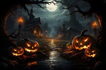 Fototapeta premium illustration of illuminated carved pumpkins with different evil faces in darkness at Halloween night