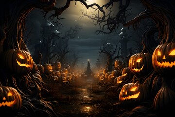 illustration of illuminated carved pumpkins with different evil faces in darkness at Halloween night - obrazy, fototapety, plakaty