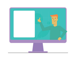 someone who is explaining via computer.  flat illustration.  thumbs up