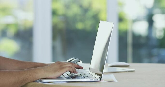 Hands, typing and laptop closeup for information digital research, internet web, writing article or planning. Technology, keyboard and proposal editing in office for online communication, app at desk