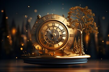 Midnight New Year. Clock with Roman numerals and gold confetti on dark background