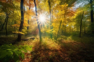 Vibrant forest scenery with fall foliage and sunbeams. Generative AI