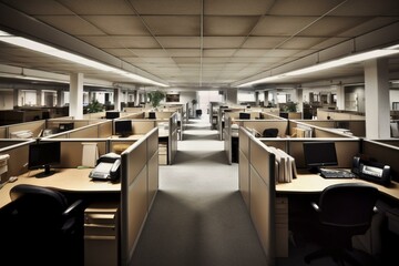 Wide view of urban office cubicles. Generative AI