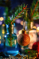 Christmas and New Year background with Christmas tree, balls and bokeh lights