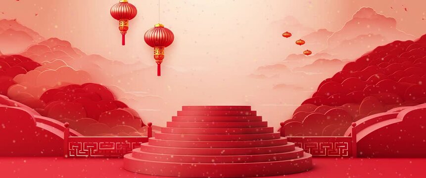 Anamorphic video Chinese new year. Podium 3d animation for product display