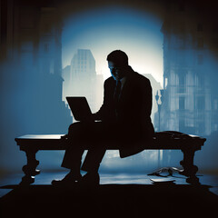 A businessman on a bench using a laptop computer