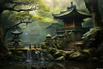 Stunning artwork depicting an elegant Japanese shrine. Generative AI