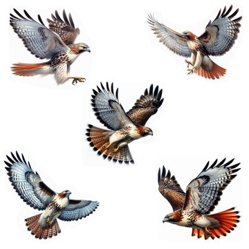 A set of male and female Red-tailed Hawks flying isolated on a white background