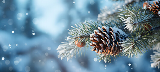 Winter Wonderland, Festive Greetings on a Pine Branch Amidst Snowflakes and Bokeh Lights