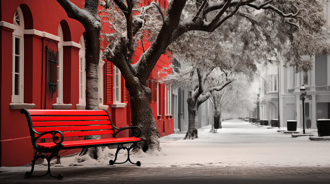 Red park bench in southern historic coastal town - Christmas - holiday - festive - getaway - vacation - holiday - black and white with color splash
