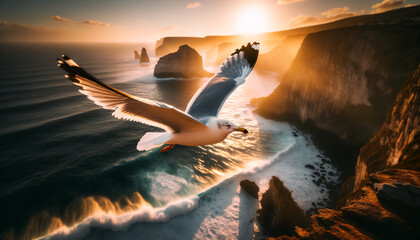 A seagull soars above a coastline with towering cliffs, illuminated by the golden light of sunset, with the vast ocean stretching out beneath.