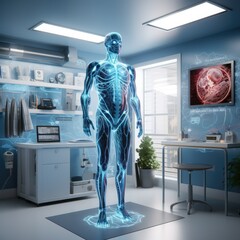 3D Generated Body Holographic in Doctors Office with Chest for Research and Medical Technology Concept