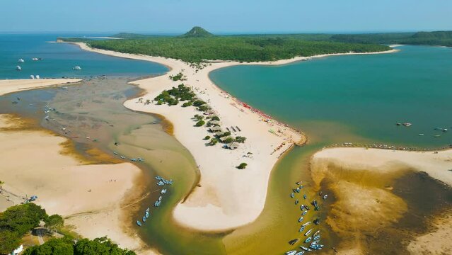 Aerial view of Alter do Chao beach along the dry Tapajos river due to the 2023 amazonian drought
