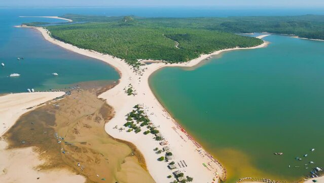 Aerial view of Alter do Chao beach along the dry Tapajos river due to the 2023 amazonian drought