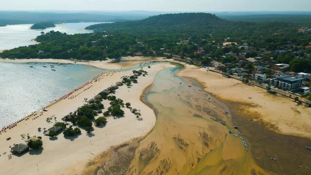 Aerial view of Alter do Chao beach along the dry Tapajos river due to the 2023 amazonian drought