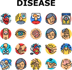 disease symptom health icons set vector. cough fever, virus flu, medical, coronavirus pneumonia, epidemic, medicine sick disease symptom health color line illustrations