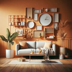 Living Room Interior Design Mockup on an Orange Wall Background