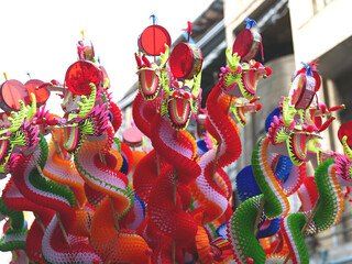 close up traditional chinese dragon toy made from papers