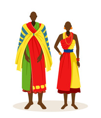 People in african clothes concept. Couple in red and green wear. Culture, ethnicity and traditions of Africa. Sticker for social networks. Cartoon flat vector illustration isolated on white background
