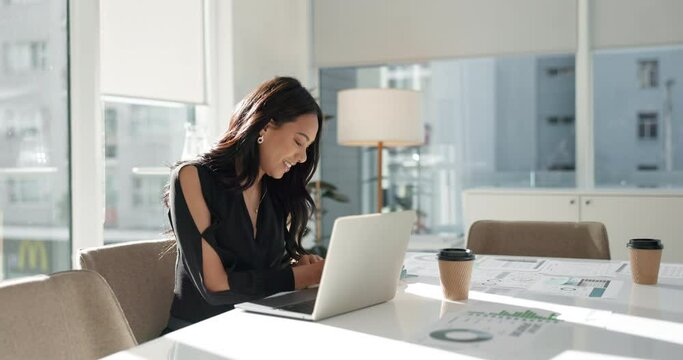 Happy woman in office with laptop, market research and notes for startup review, business feedback or planning. Thinking, search and businesswoman networking online for project, website and report.