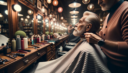 The image captures a moment in a traditional barber shop where an elderly gentleman is getting a shave from a barber. The setting is warm and vintage - obrazy, fototapety, plakaty