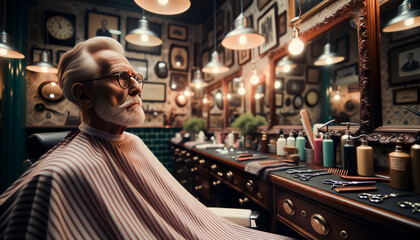 Obraz premium The image captures a moment in a traditional barber shop where an elderly gentleman is getting a shave from a barber. The setting is warm and vintage