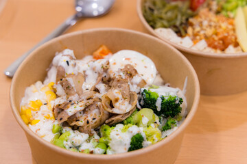 Pork and vegetable rice poke bowl
