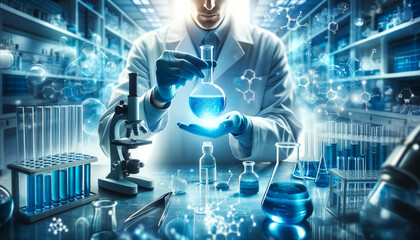 Fototapeta premium This image depicts a scientist conducting an experiment in a modern laboratory setting, using a pipette to add a substance to a glowing blue solution in a conical flask. 