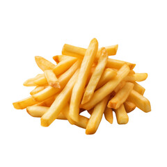French fries isolated on transparent background, crispy tasty delicious gold potato chips fries for menu, concept of fast food, junk food, side dish, calorie rich meal, salty fried snack