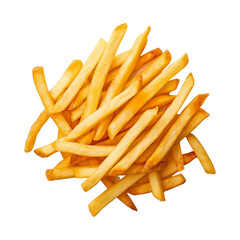 French fries isolated on transparent background, above top view, crispy tasty delicious gold potato chips fries for menu, concept of fast food, junk food, side dish, high calorie meal, fried snack