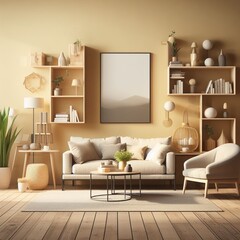 Living Room Interior Design Mockup on a Yellow Wall Background