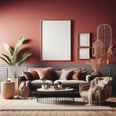 Living Room Interior Design Mockup on a Red Wall Background