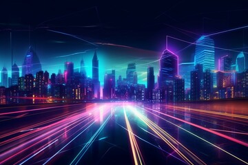 Fototapeta na wymiar Background with vibrant light trails in a dynamic cityscape adorned with glossy neon gradients. Generative AI
