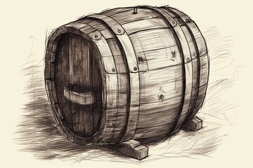 Hand-drawn sketch of vintage-style cask or barrel used for storing alcohol. Generative AI