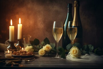 Romantic holiday backdrop with bubbly wine. Generative AI