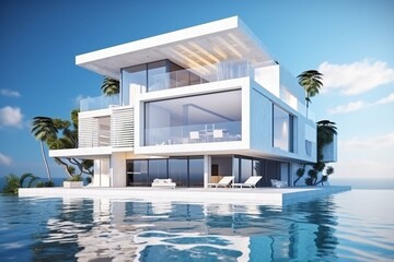 Modern beach house with pool, ideal vacation home for large families. 3D rendering of a luxurious residential building. Generative AI