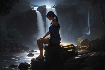 Obraz premium Waterfall Solitude: AI-Generated Anime Illustration of a Woman Silhouetted on a Rock by a Waterfall Under Soft Night Light, Rendered in Niji Style