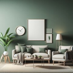 Living Room Interior Design Mockup on a Green Wall Background