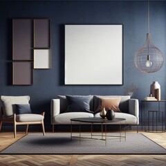 Living Room Interior Design Mockup on an Indigo Wall Background