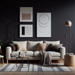 Living Room Interior Design Mockup on a Black Wall Background