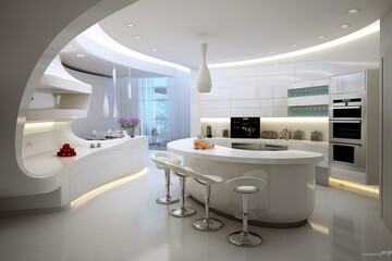 Modern and sleek kitchen featuring a white hi-tech design with a bar area. Seen from a perspective view. Generative AI