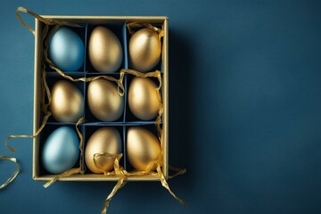 Aerial shot of box with golden eggs on blue background. Generative AI