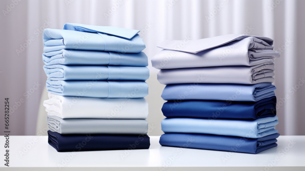 Poster folded clothes in stacks of various simple blue placed on a table on a light background