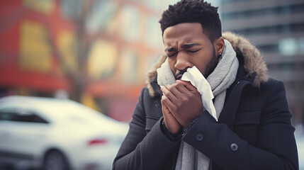 A dark-skinned young man allergy or flu sufferer blows his nose or sneezes into a handkerchief - obrazy, fototapety, plakaty