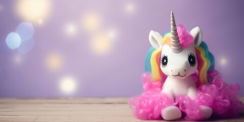 Plush pink unicorn on pastel background with clouds